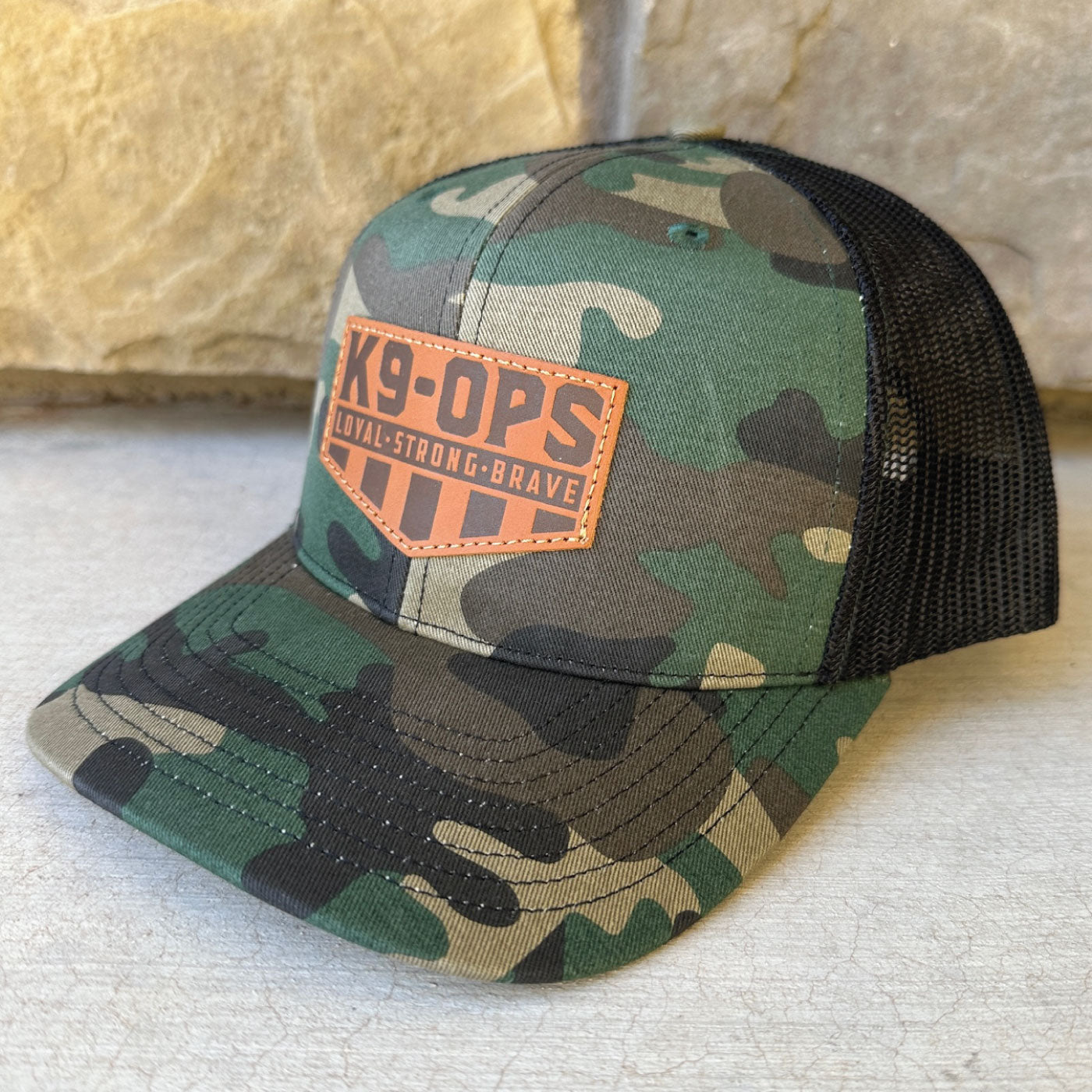 richardson 112 camo hat with leather patch k9ops k9-ops k9 ops dog gear ball toy chew leash