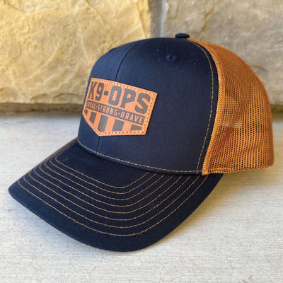 leather patch trucker hat richardson 112 navy caramel dog fetch chew toy gear k9ops k9-ops k9 ops