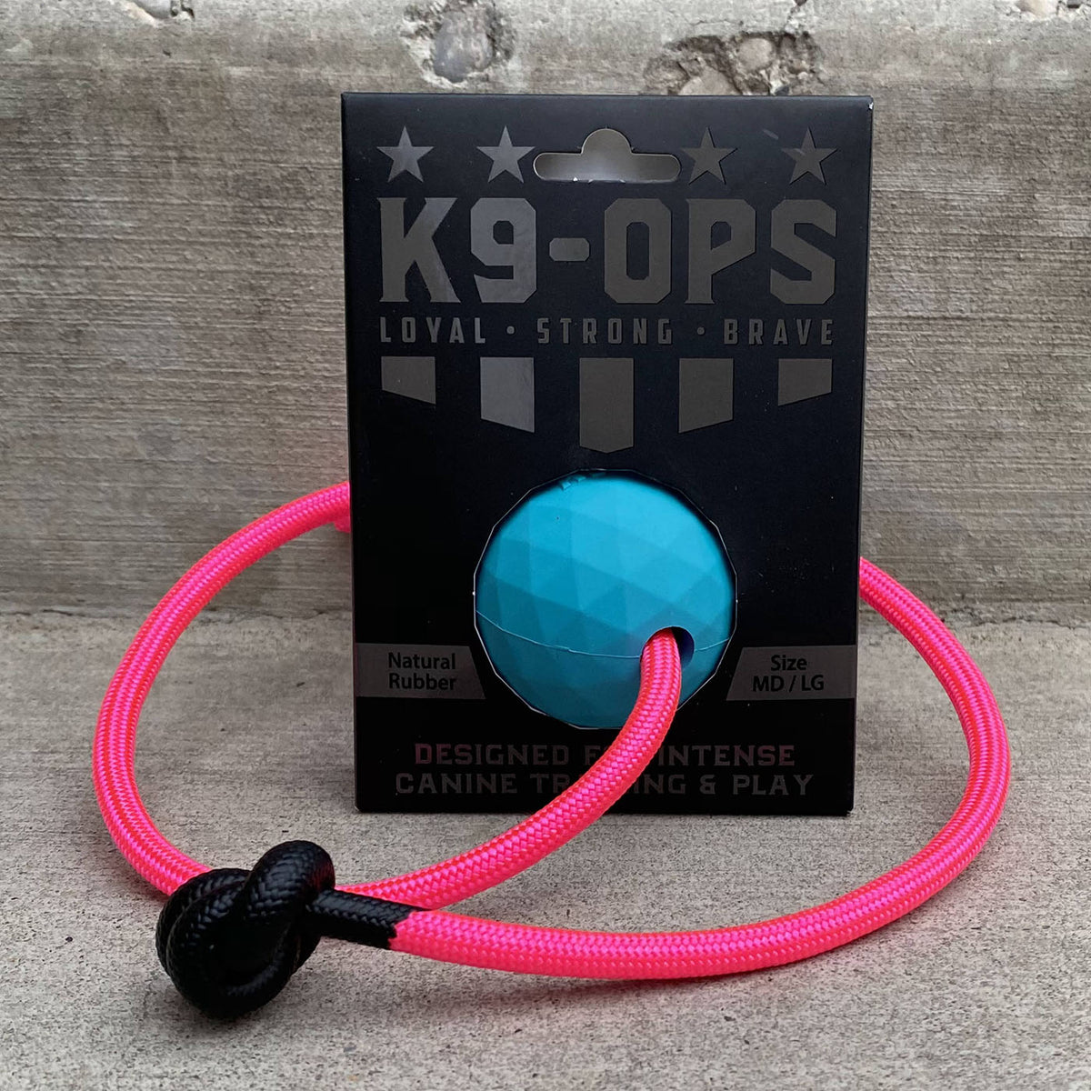 blue dog ball with a pink rope durable strong ball indestructible toy in a black k9opsbox k9ops k9-ops