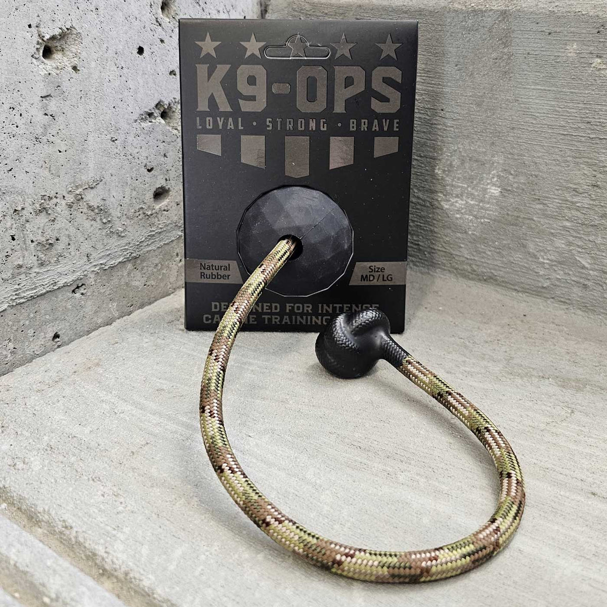 black dog ball with a camo rope durable chew toys indestructible k9opsbox k9-ops k9 ops