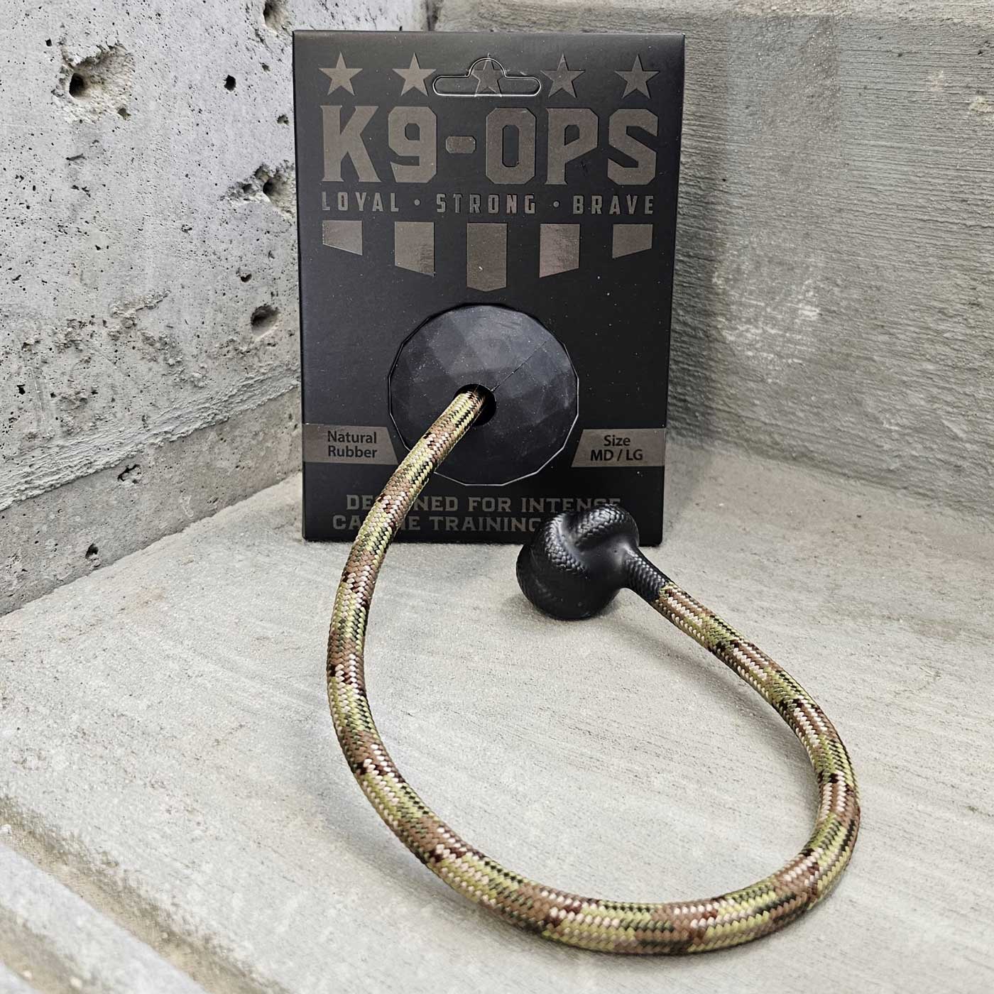 black dog ball with a camo rope durable chew toys indestructible k9opsbox k9-ops k9 ops